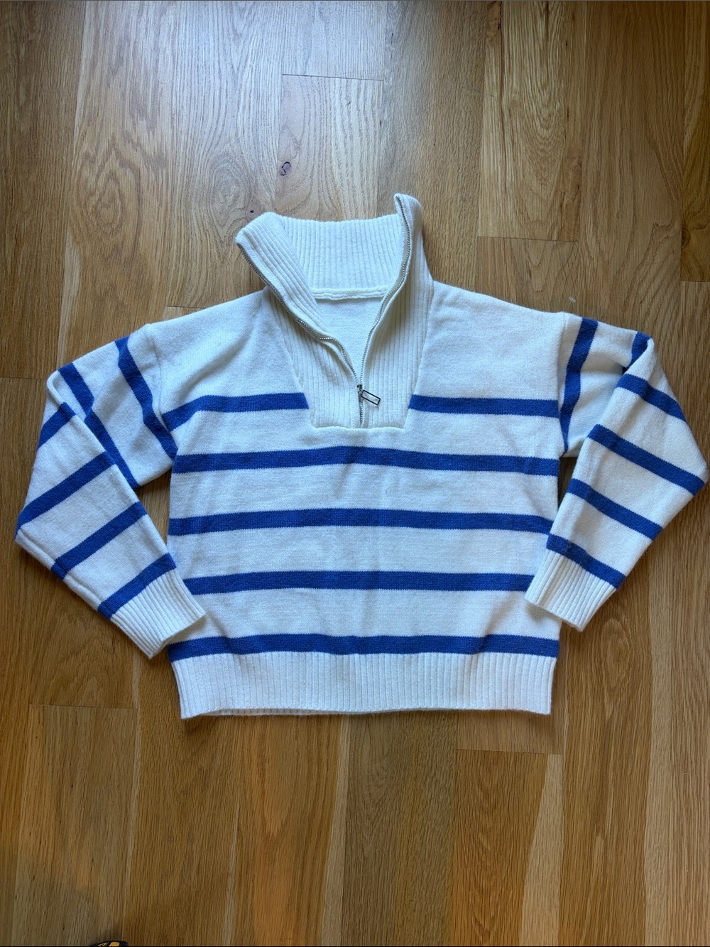 White and Blue Striped Half-Zip Sweater